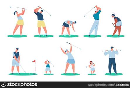 Golfer characters, golf players with clubs, kids golfing. Golfers hitting ball with club, people playing golf, outdoor sports vector set. Woman, man, and children taking part in championship. Golfer characters, golf players with clubs, kids golfing. Golfers hitting ball with club, people playing golf, outdoor sports vector set