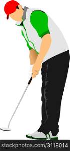 Golfer hitting ball with iron club. Vector illustration