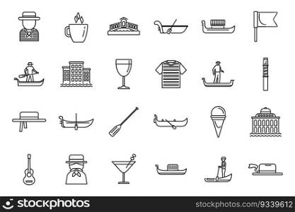Gondolier icons set outline vector. Venice bridge. Boat canal. Gondolier icons set outline vector. Venice bridge