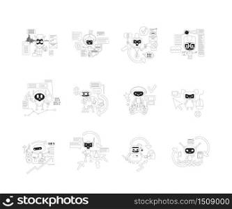 Good and bad bots thin line concept vector illustrations set. Internet robots 2D cartoon characters for web design. Personal AI assistants. Spam mails sending malware creative ideas