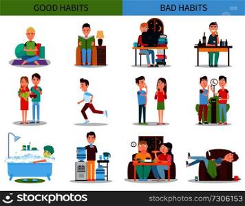 Good and bad habits collection, yoga and meditation, running and vegetables, and drinking alcohol, smoking and eating junk food vector illustration. Good and Bad Habits Collection Vector Illustration