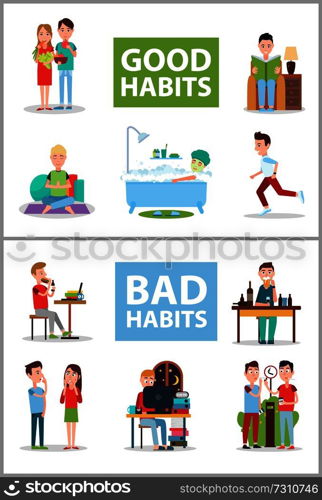 Good and bad habits, poster set with people and unhealthy lifestyle, smoking and drinking alcohol, awake at night , isolated on vector illustration. Good and Bad Habits Poster Set Vector Illustration