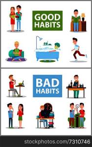 Good and bad habits, poster set with people and unhealthy lifestyle, smoking and drinking alcohol, awake at night , isolated on vector illustration. Good and Bad Habits Poster Set Vector Illustration