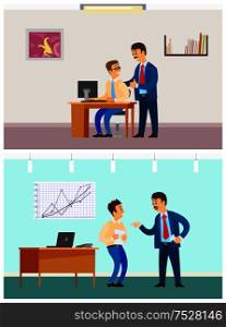 Good and bad job at office, rebuke or approval from boss. Chief and employee relationships, work in computer, statistics report vector illustrations.. Good and Bad Job at Office, Rebuke or Approval