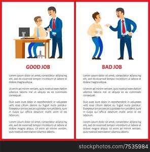 Good and bad job, chief executive at work set of posters vector. Employer with employees, leader handshaking workmate, praising colleague with file. Good and Bad Job, Chief Executive at Work Set