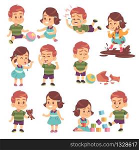 Good and bad kids. Playing peacefully and fighting, naughty and obedient children, conflict and funny boys and girls isolated cartoon vector child characters. Good and bad kids. Playing peacefully and fighting, naughty and obedient children, conflict and funny boys and girls cartoon vector characters