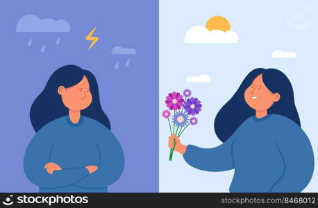 Good and bad mood flat vector illustration. Mood swings of angry and happy young woman. Moodiness, unpredictability, pms, inside womans head concept