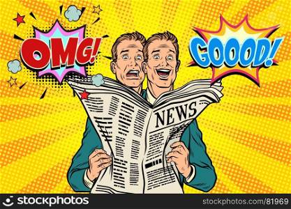 Good and bad newspaper news, the reaction of men. Pop art retro vector illustration. Good and bad newspaper news, the reaction of men