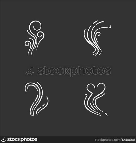 Good and bad smell chalk white icons set on black background. Stinky odor. Heart shape fluid, perfume scent. Stench, smog. Smoke stream, fume swirls. Isolated vector chalkboard illustrations