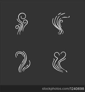 Good and bad smell chalk white icons set on black background. Stinky odor. Heart shape fluid, perfume scent. Stench, smog. Smoke stream, fume swirls. Isolated vector chalkboard illustrations