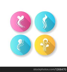 Good and bad smell flat design long shadow glyph icons set. Stinky odor. Heart shape fluid, perfume scent. Aromatic fragrance curves. Smoke stream, fume swirls. Silhouette RGB color illustration