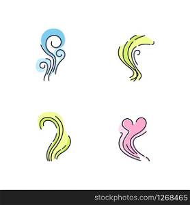 Good and bad smell RGB color icons set. Stinky odor. Heart shape fluid, perfume scent. Stench, smog. Aromatic fragrance curves. Smoke stream, fume swirls. Isolated vector illustrations