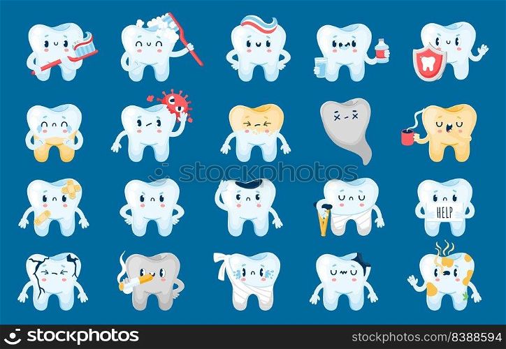 Good and bad tooth. Healthy cartoon characters and with dental problems, caries, infection and erosion. Vector unhappy teeth with sad faces, dental care concept. Hygiene comparison. Good and bad tooth. Healthy cartoon characters and with dental problems, caries, infection and erosion. Vector unhappy teeth with sad faces, dental care concept