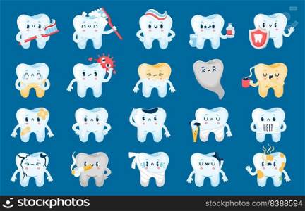 Good and bad tooth. Healthy cartoon characters and with dental problems, caries, infection and erosion. Vector unhappy teeth with sad faces, dental care concept. Hygiene comparison. Good and bad tooth. Healthy cartoon characters and with dental problems, caries, infection and erosion. Vector unhappy teeth with sad faces, dental care concept