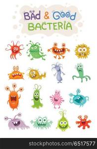 Good Bacteria and Bad Bacteria Cartoon Characters. Good bacteria and bad bacteria cartoon characters isolated on white. Set of funny bacterias germs in flat cartoon style. Good and bad microbes. Enteric bacteria, gut and intestinal flora. Vector