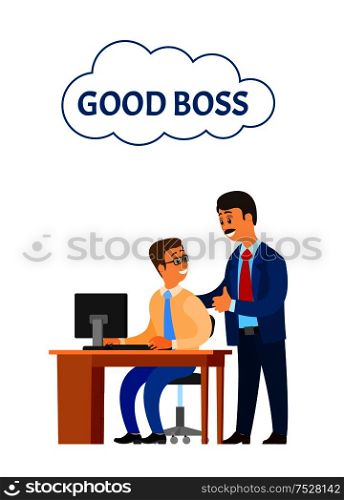 Good boss company leader supervising new office worker vector. Director satisfied with novice working on personal computer. Encouragement of employee. Good Boss Company Leader Supervising Office Worker