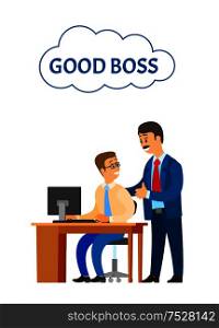 Good boss company leader supervising new office worker vector. Director satisfied with novice working on personal computer. Encouragement of employee. Good Boss Company Leader Supervising Office Worker