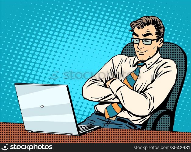 Good businessman at laptop pop art retro style. Work in the office. New technologies. The Internet and good news. Good businessman at laptop