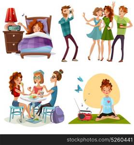 Good Day With Friends 4 Icons. Young woman nonworking day off with friends and yoga for energy boost 4 cartoon icons vector illustration