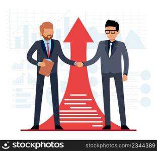 Good deal is way to success. Businessman shaking hands on arrow background, strategy of cooperation, corporate conversation of professional managers, business partners. Vector cartoon flat concept. Good deal is way to success. Businessman shaking hands on arrow background, strategy of cooperation, corporate conversation of professional managers, business partners. Vector concept