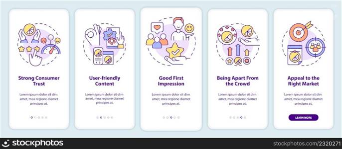 Good design importance onboarding mobile app screen. Business style walkthrough 5 steps graphic instructions pages with linear concepts. UI, UX, GUI template. Myriad Pro-Bold, Regular fonts used. Good design importance onboarding mobile app screen