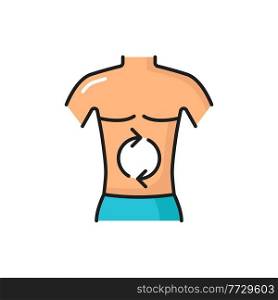 Good digestion in human body, healthcare concept isolated color line icon. Vector gastro medical drugs packaging with human torso, laxative system with rotating arrows gear box mechanics inside. Man body with good digestion in human stomach icon