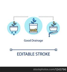 Good drainage concept icon. Indoor gardening. Plant cultivation. Eliminating standing water. Draining pots idea thin line illustration. Vector isolated outline RGB color drawing. Editable stroke