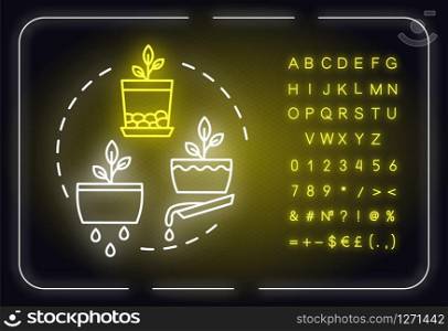 Good drainage neon light concept icon. Home gardening tip. Plant nursing, floristry hobby idea. Outer glowing sign with alphabet, numbers and symbols. Vector isolated RGB color illustration