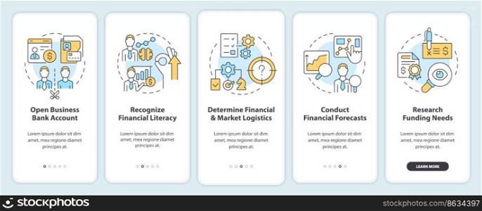 Good financial management for startup onboarding mobile app screen. Walkthrough 5 steps editable graphic instructions with linear concepts. UI, UX, GUI template. Myriad Pro-Bold, Regular fonts used. Good financial management for startup onboarding mobile app screen