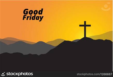Good friday Christian cross silhouette on the hill sunset sky background,vector EPS10.