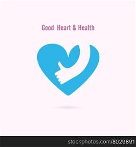 Good heart and Health logo design.Hand and heart shape sign.Healthcare &amp; Medical symbol with heart shape.Heart Care logo,vector logo template.Vector illustration