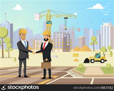 Good Investment in Real Estate Object, Partnership in Construction Business Project Flat Vector Concept with Satisfied Businessmen in Helmets Handshaking on New House Construction Site Illustration