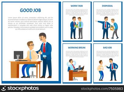 Good job of worker, boss praising employee poster vector. Dismissal of man working in office discharge of workmate by chief executive. Break of leader. Good Job of Worker, Boss Praising Employee Poster
