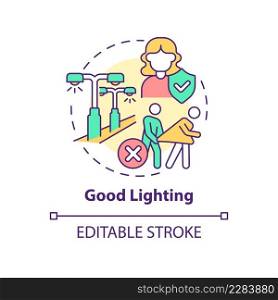Good lighting concept icon. Crime prevention. Comfortable city design for women abstract idea thin line illustration. Isolated outline drawing. Editable stroke. Arial, Myriad Pro-Bold fonts used. Good lighting concept icon