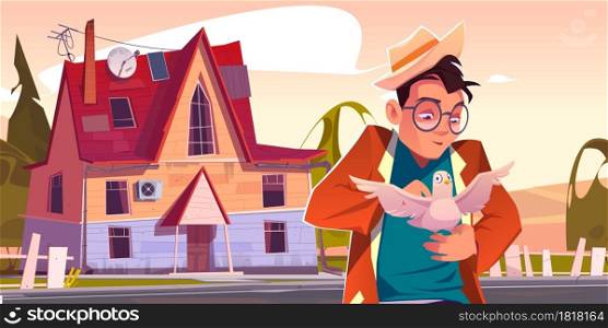 Good man holding white dove on hand, caress and communicate with bird front of suburban cottage. Male character enjoy communication with pigeon friend, love nature concept. Cartoon vector illustration. Good man holding white dove on hand, caress bird