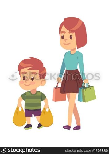 Good manners. Boy helps mom. Polite kid with good manners holding packages in supermarket or mall. Mother with son shopping together. Children etiquette concept cartoon flat vector illustration. Good manners. Boy helps mom. Polite kid with good manners holding packages in supermarket. Mother with son shopping together. Children etiquette concept cartoon vector illustration