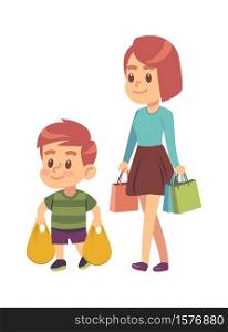 Good manners. Boy helps mom. Polite kid with good manners holding packages in supermarket or mall. Mother with son shopping together. Children etiquette concept cartoon flat vector illustration. Good manners. Boy helps mom. Polite kid with good manners holding packages in supermarket. Mother with son shopping together. Children etiquette concept cartoon vector illustration