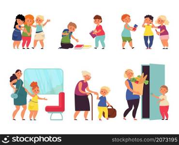 Good manners kids. Child helping, cute kid kind behavior. Boy girl respect old people, pregnant woman. Etiquette decent vector set. Illustration courteous and upbringing, politeness and respectful. Good manners kids. Child helping, cute kid kind behavior. Boy girl respect old people, pregnant woman. Cartoon etiquette decent vector set