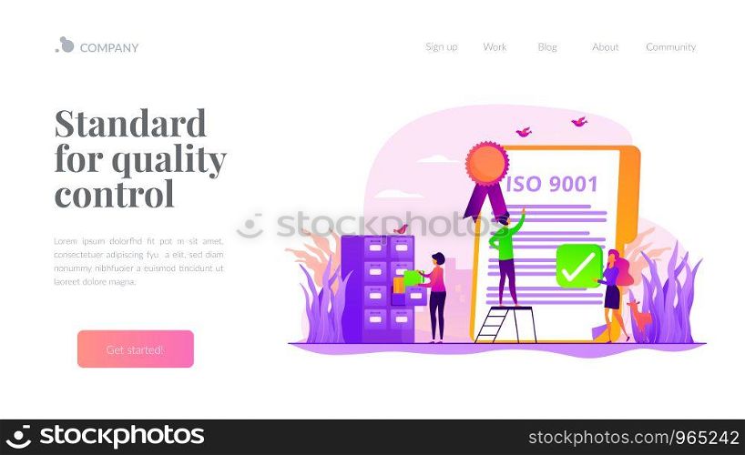 Good manufacturing practice. Stamp of approval. Quality management. Standard for quality control, ISO 9001 standard, international certification concept. Website homepage header landing web page template.. Standard for quality control landing page template
