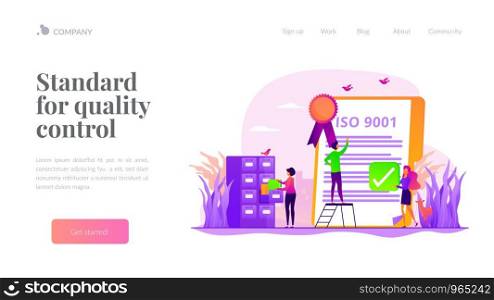 Good manufacturing practice. Stamp of approval. Quality management. Standard for quality control, ISO 9001 standard, international certification concept. Website homepage header landing web page template.. Standard for quality control landing page template