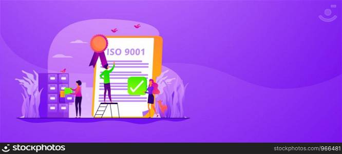 Good manufacturing practice. Stamp of approval. Quality management. Standard for quality control, ISO 9001 standard, international certification concept. Header or footer banner template with copy space.. Standard for quality control web banner concept