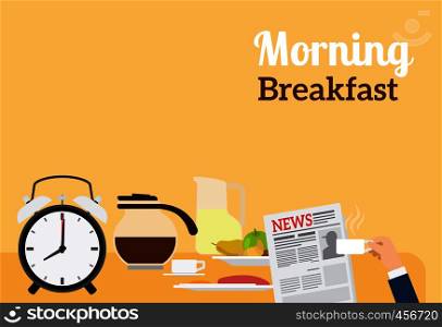 Good Morning Breakfast Banner with sign on orange background. Vector illustration. Good Morning Breakfast Banner
