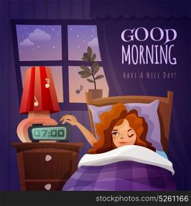 Good Morning Design Composition. Good morning design composition with awakening cartoon girl and wishing nice day flat vector illustration