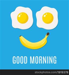 good morning funny concept vector background. Good morning smile made from banana and fried egg. Vector illustration in flat style. good morning funny concept.