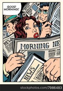 good morning news press crowd metro transport bus pop art retro style. The morning Newspapers. Tube on the road and passengers. Morning news press crowd metro transport bus