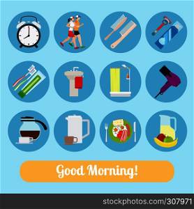 Good Morning Time Icons. Jogging and shower, breakfast and makeup. Good Morning Time Icons.
