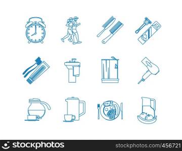 Good Morning Time Line Art Icons. Jogging and shower,breakfast and makeup. Vector illustration. Good Morning Time Line Art Icons