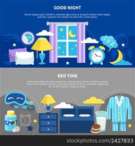 Good night 2 flat horizontal bedtime banners with bed pajama nightstand lamp and alarm clock vector illustration . Night Bedtime 2 Flat Banners