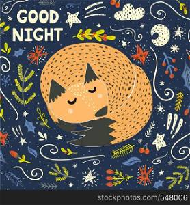 Good Night card with a cute sleeping fox. Vector illustration