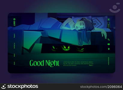 Good night cartoon landing page, young woman sleeping with monsters hiding under the bed, nightmare. Girl sleep in dark room with creepy glowing faces, Halloween scene, Cartoon vector web banner. Good night cartoon landing page monsters under bed